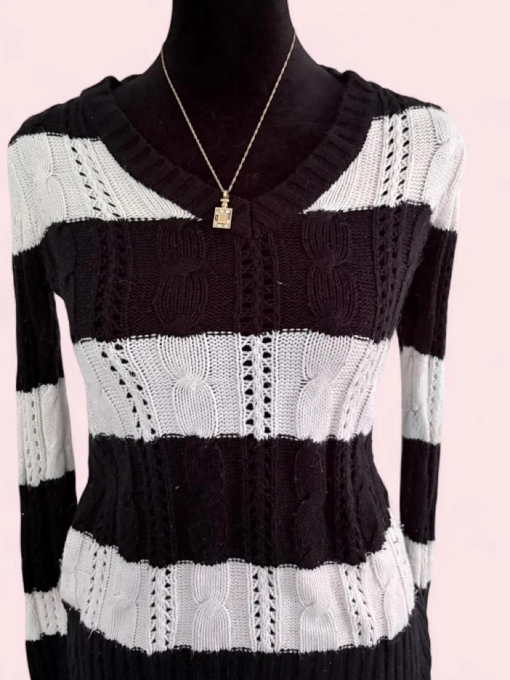 Black & White Striped V-Neck Cable Knit Sweater